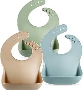 PandaEar Set of 3 Silicone Baby Bibs Waterproof, Soft, Unisex, 10-72 Months (Brown/Blue/Green)