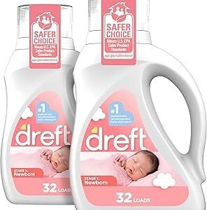 Dreft Newborn Baby Liquid Laundry Detergent, Gentle on Sensitive Skin, HE Compatible, 2 Pack, 32 Loads Each, Baby Laundry Detergent, Newborn Essentials