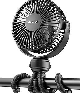 Gaiatop Mini Portable Stroller Fan, Battery Operated Small Clip on, Detachable 3 Speed Rechargeable, 360° Rotate Flexible Tripod Better Cooling for Car Seat Crib Treadmill Travel Black