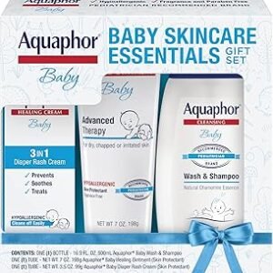 Aquaphor Baby Skin Care Essentials Gift Set with Baby Wash and Shampoo (16.9 Fl Oz) + Healing Ointment for Chapped Skin and Drool Rash (7Oz) + Diaper Rash Cream (3.5Oz), Hypoallergenic