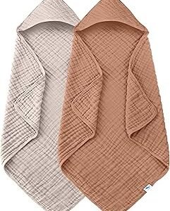SWEET DOLPHIN Muslin Hooded Baby Bath Towels - 2 Pack 100% Cotton Towel for Babies, Infants, Toddlers - 32x32Inch - Highly Absorbent and Newborn Essential, Light Bean Paste