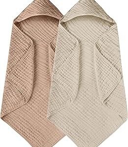 Yoofoss Hooded Baby Towels for Newborn 2 Pack 100% Muslin Organic Cotton Baby Bath Towel with Hood for Babies, Infant, Toddler and Kids, 32x32Inch, Soft and Absorbent Newborn Essential, Beige&Coffee